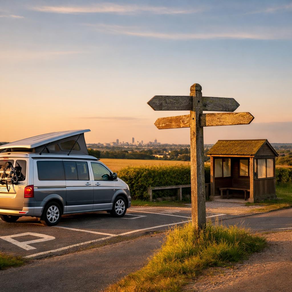 Camper van by signpost showing distance to Nottingham