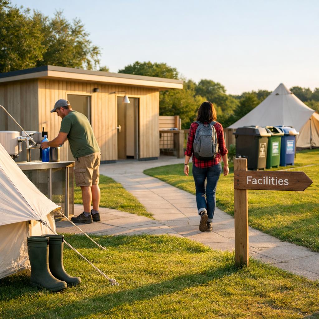 Clean campsite toilets and water points near tents