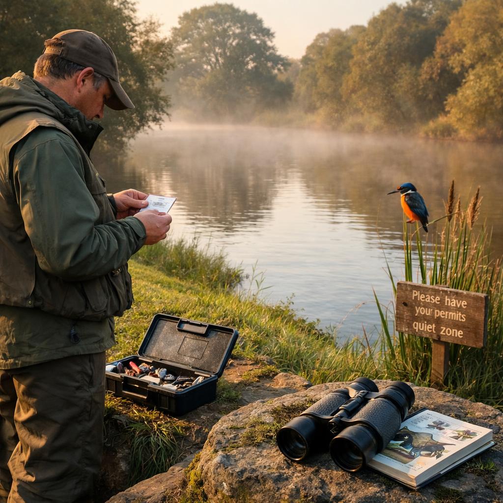 Angler checking rod licence beside misty River Trent