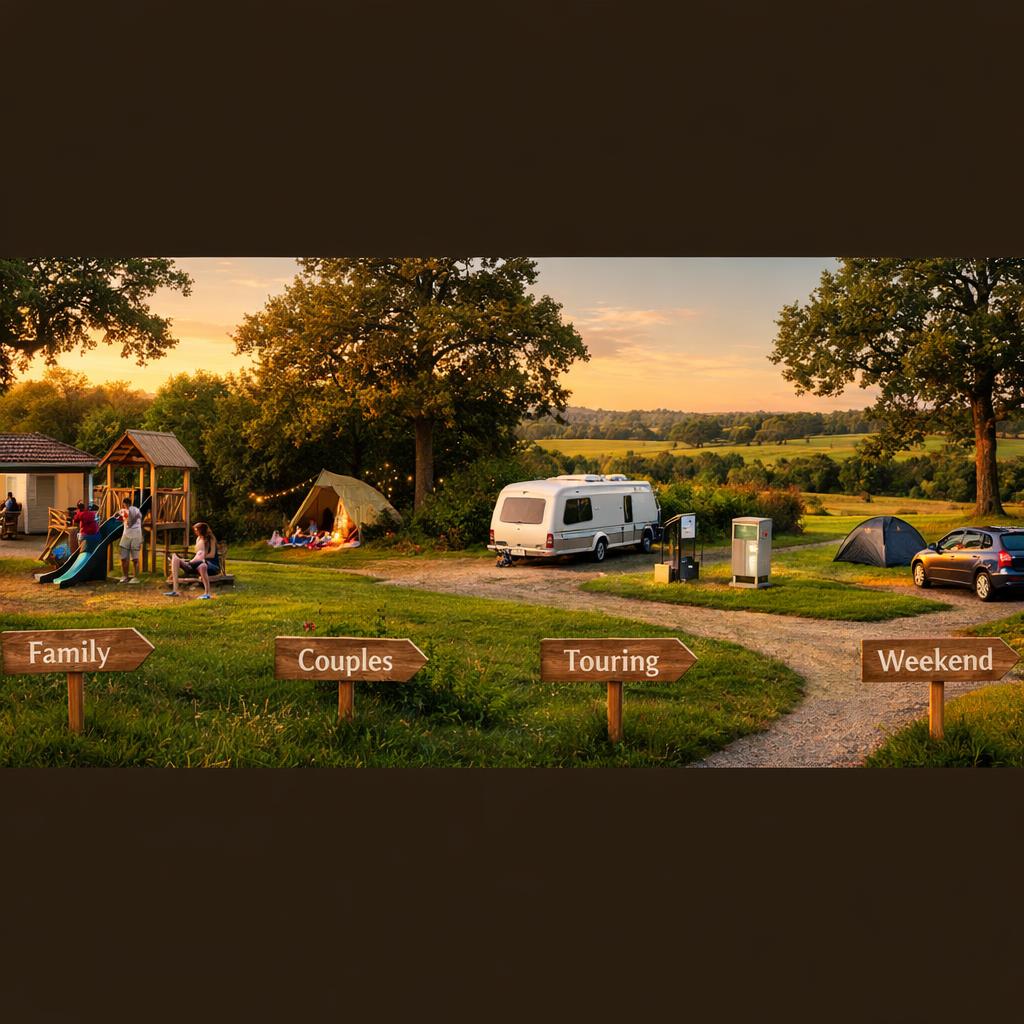 Campsite showing family, couple, touring caravan, weekenders