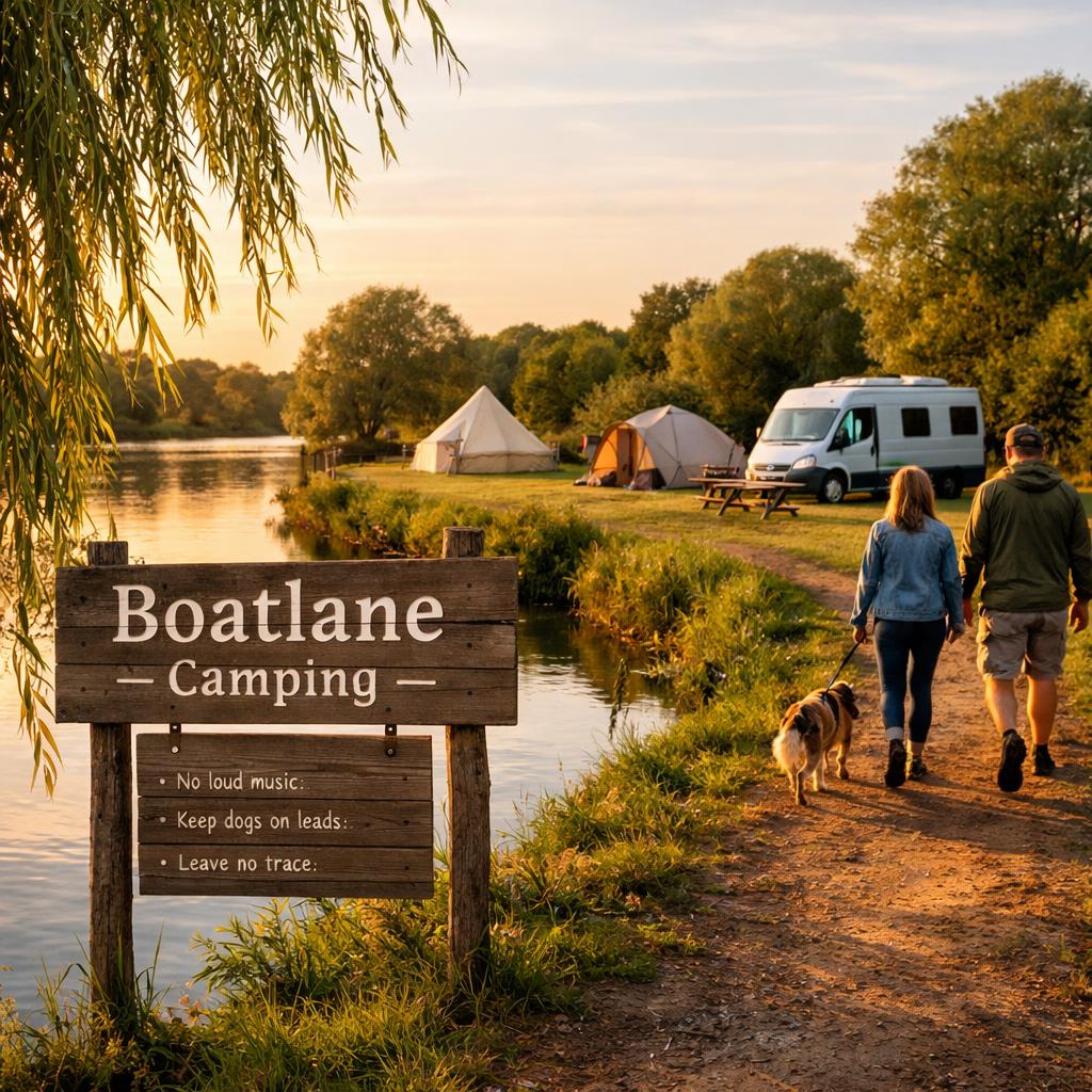 Riverside tents and sign at Boatlane Camping