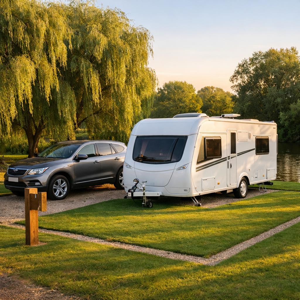 Touring caravan on riverside pitch with tow vehicle