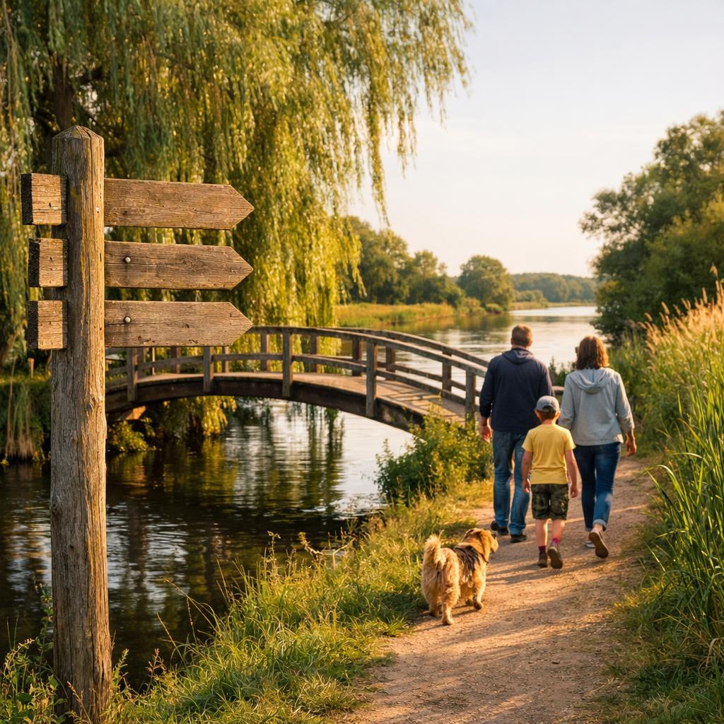 Family walking by River Trent trail signpost