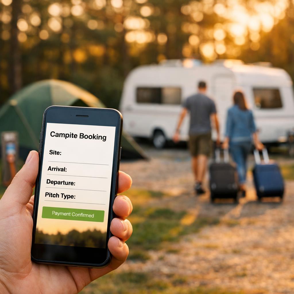 Smartphone showing campsite booking with tent and hookup