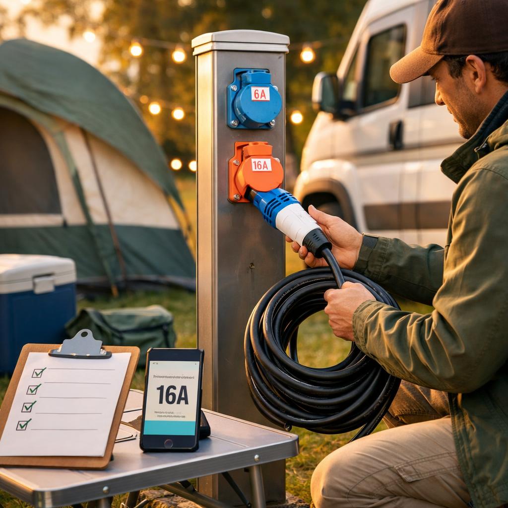 Camper connecting to 6A/16A EHU electric hookup pedestal