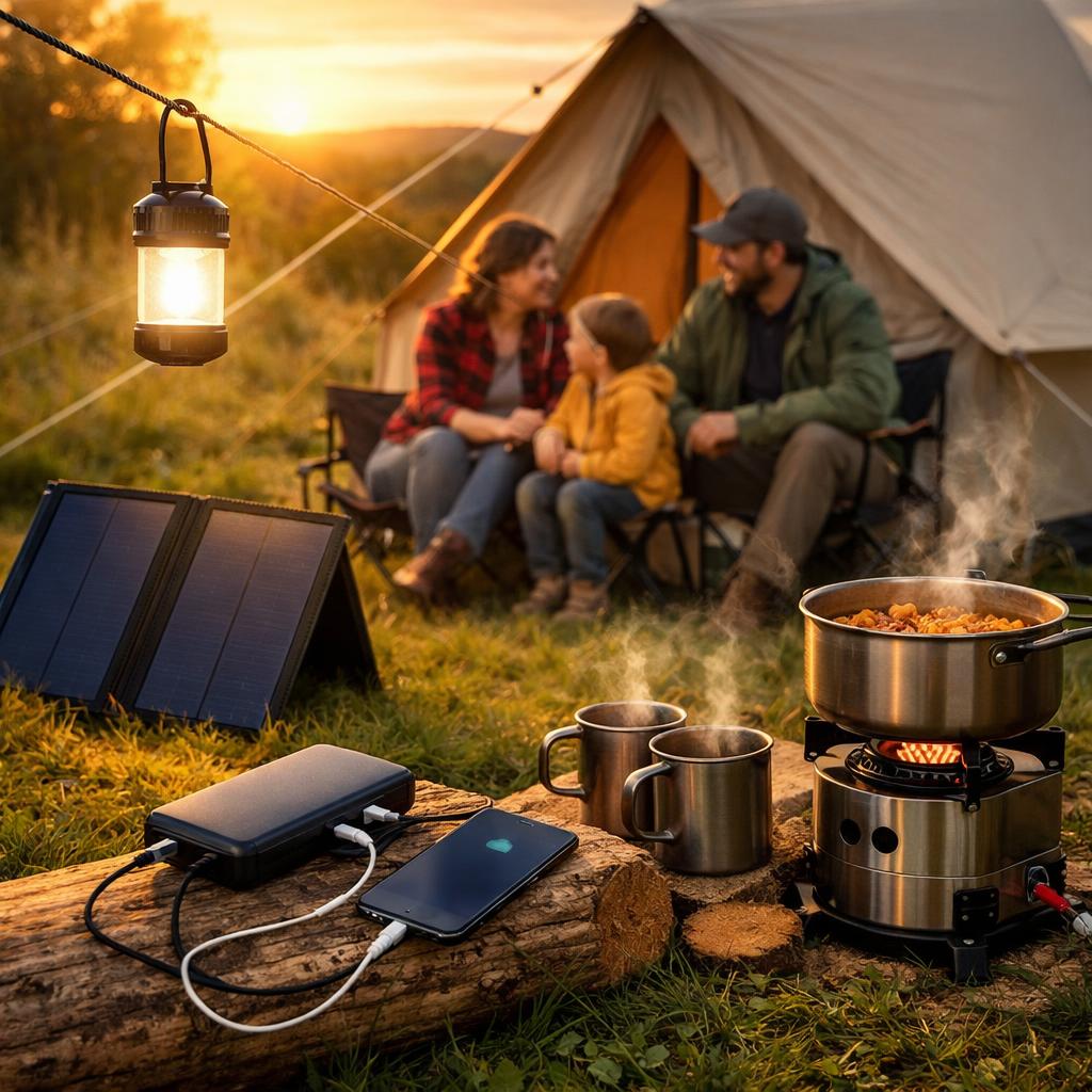 camper using power bank, lantern, portable stove
