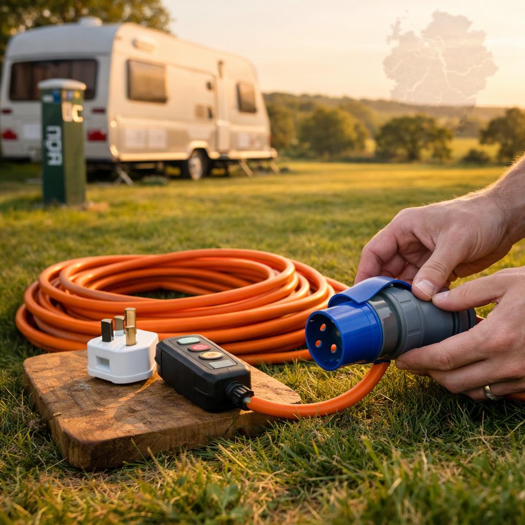 16A outdoor hook-up cable, UK adapter, surge protector