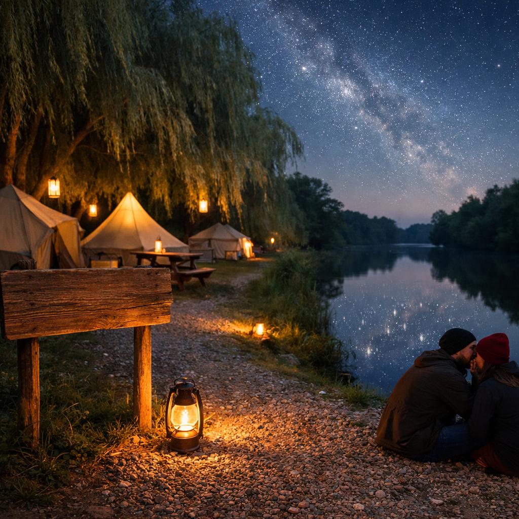 Riverside tent under quiet hours sign