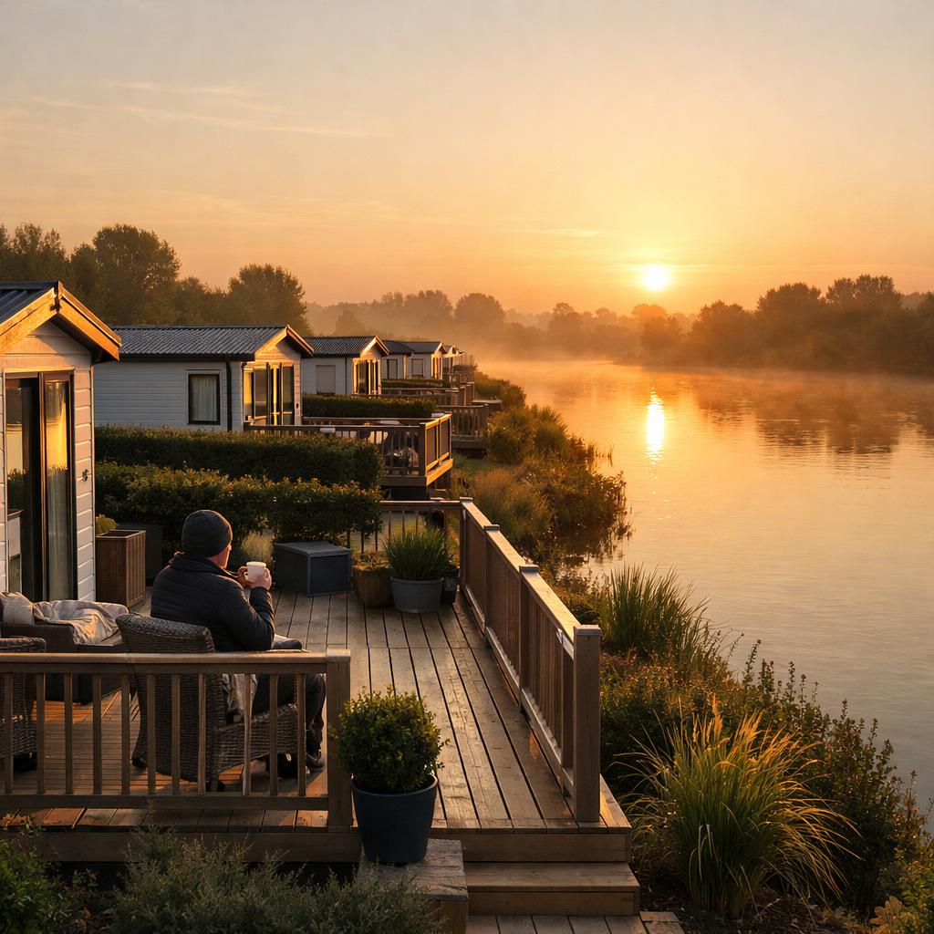 Riverside caravans at sunrise with Trent view