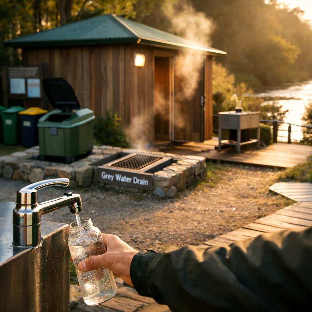 Facilities at campsites near rivers: water, toilets, showers