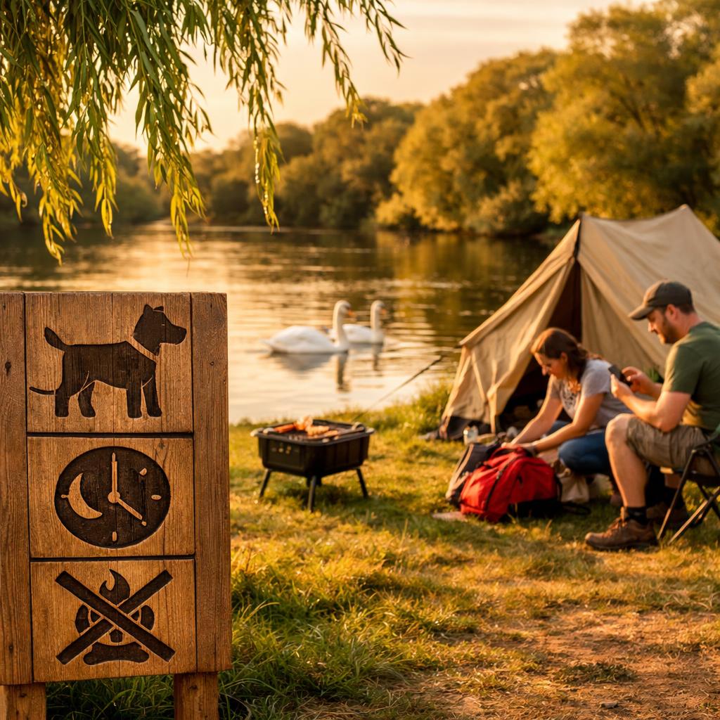 Campsite rules board by River Trent with campers