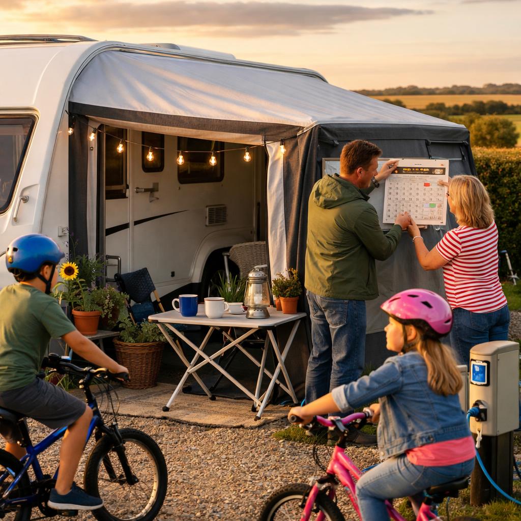 Family enjoying long-term seasonal camping pitch Nottinghamshire