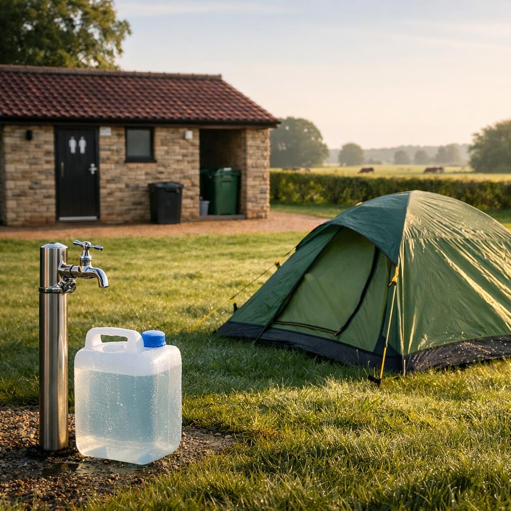 Marked grass camping pitch with water point