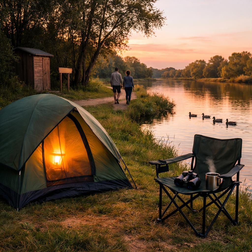 Tent by gentle river at golden hour