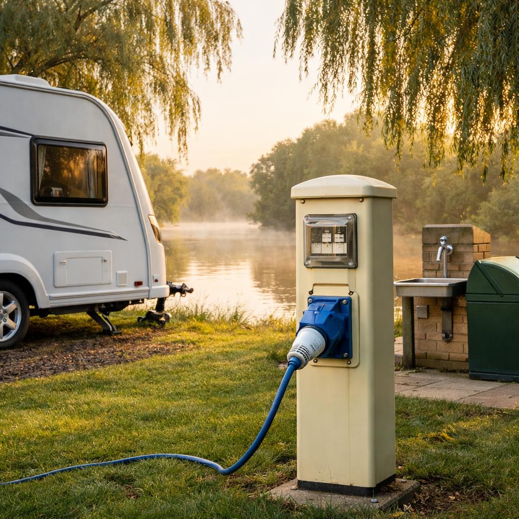 Riverside caravan connected to EHU pedestal
