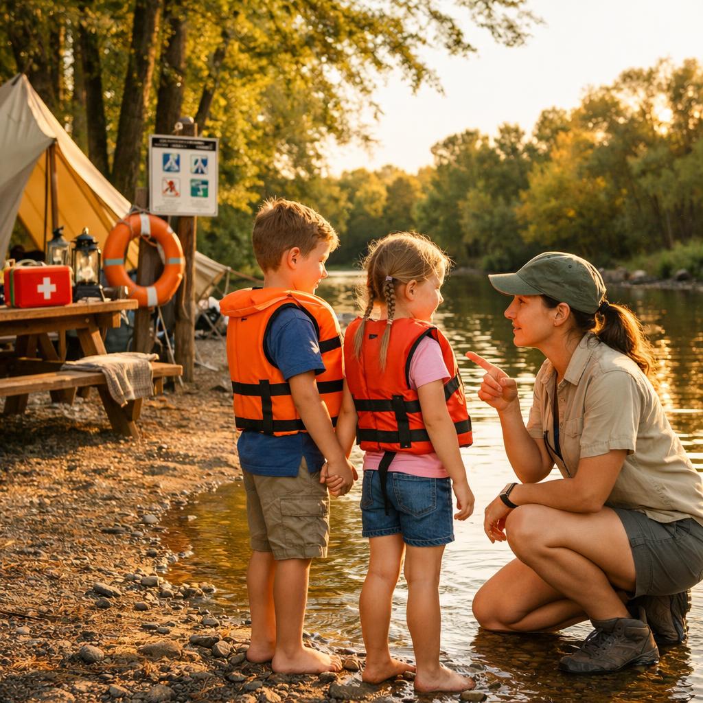 Family at river campsite with children in life jackets