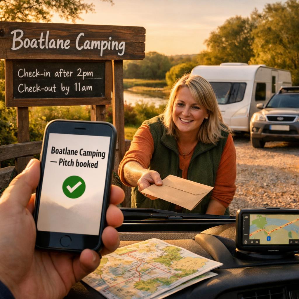 Caravan arriving at Boatlane Camping with booking phone