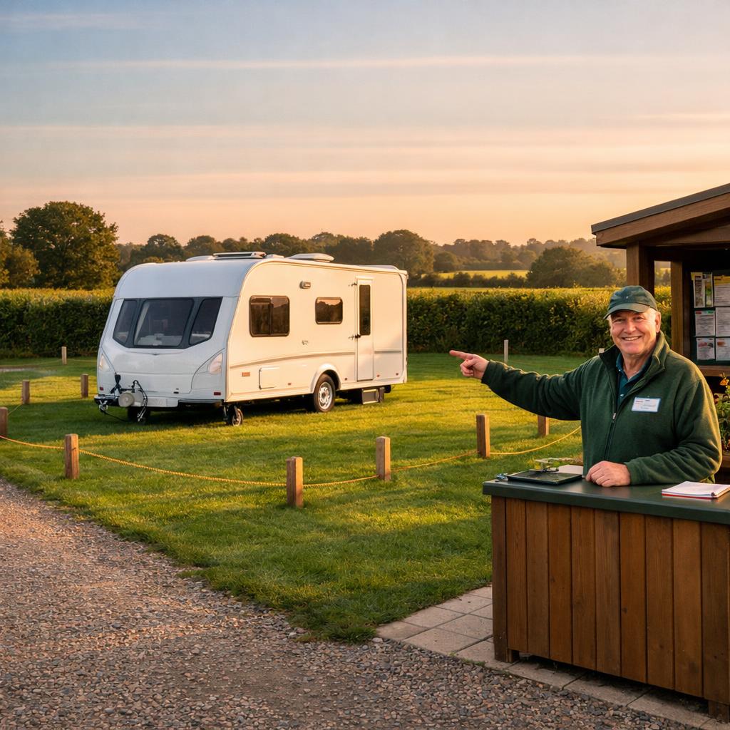 Single caravan on grassy pitch with access lane