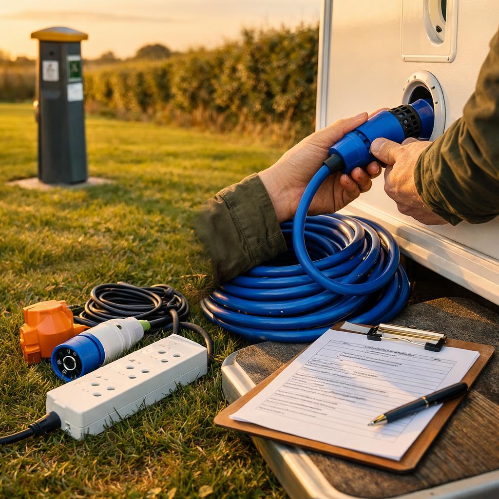 Hook-up lead, adapters and safety checklist by caravan