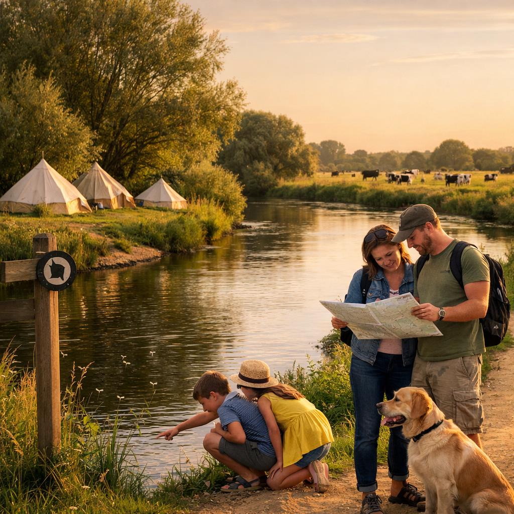 Walkers beside River Trent path by campsite tents