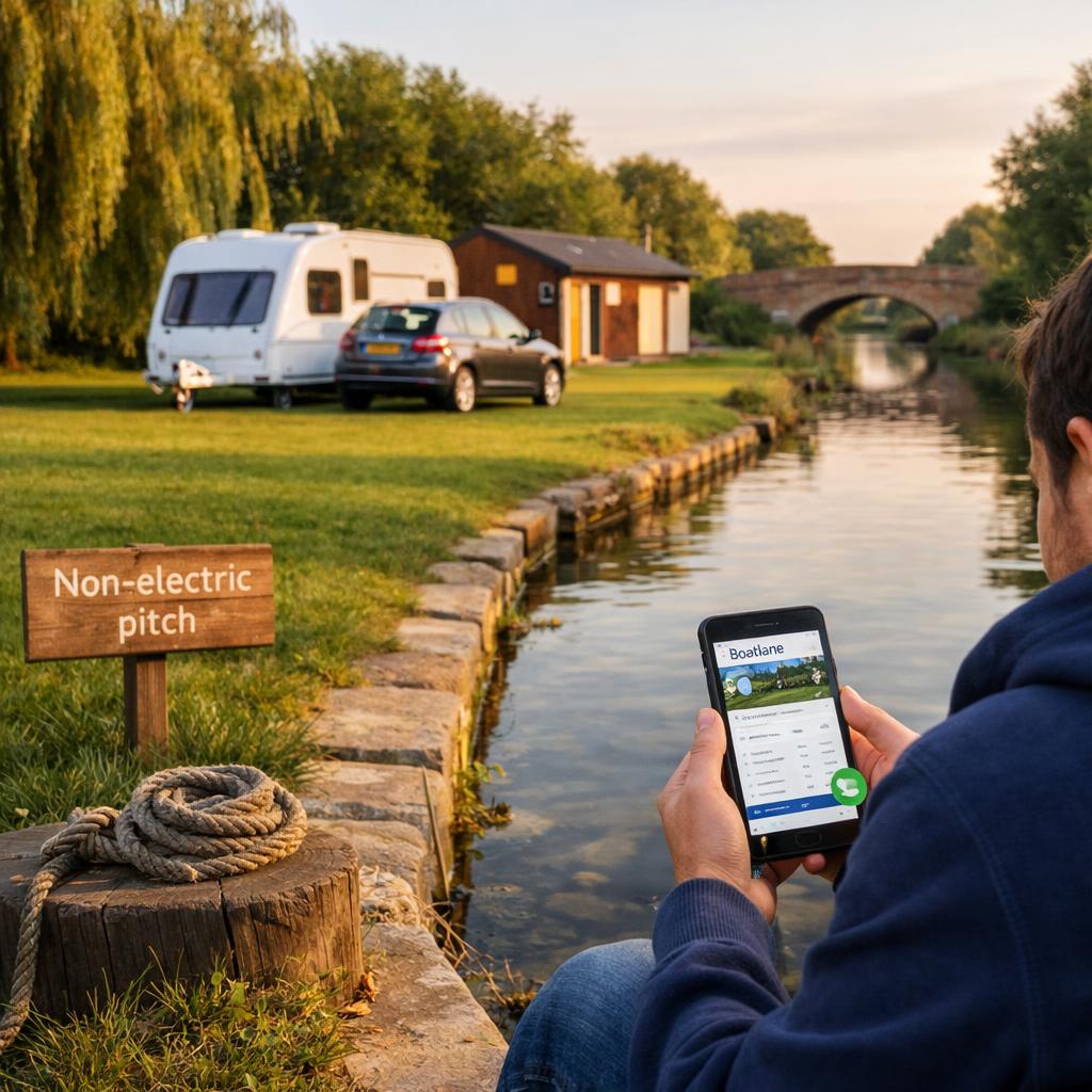 Booking non-electric pitch on smartphone by canal