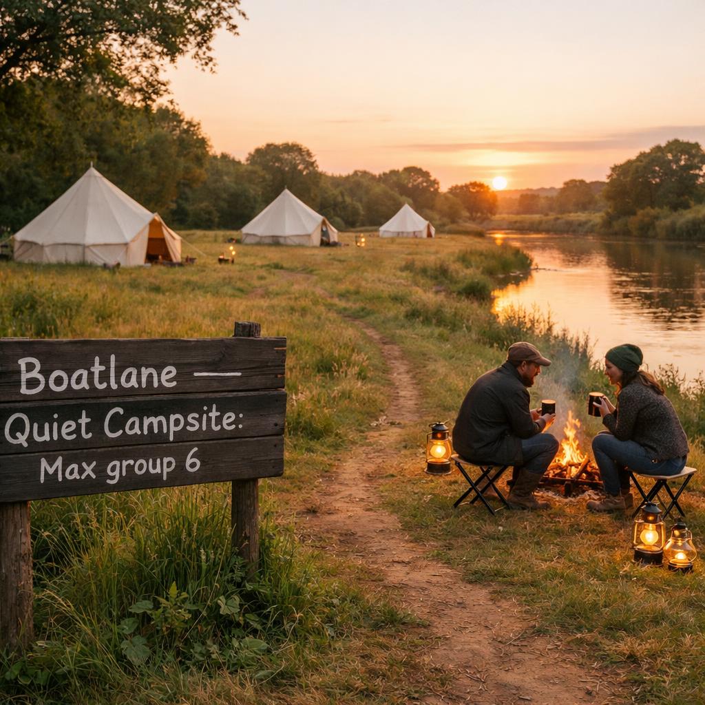 Boatlane quiet riverside campsite with group-limit sign