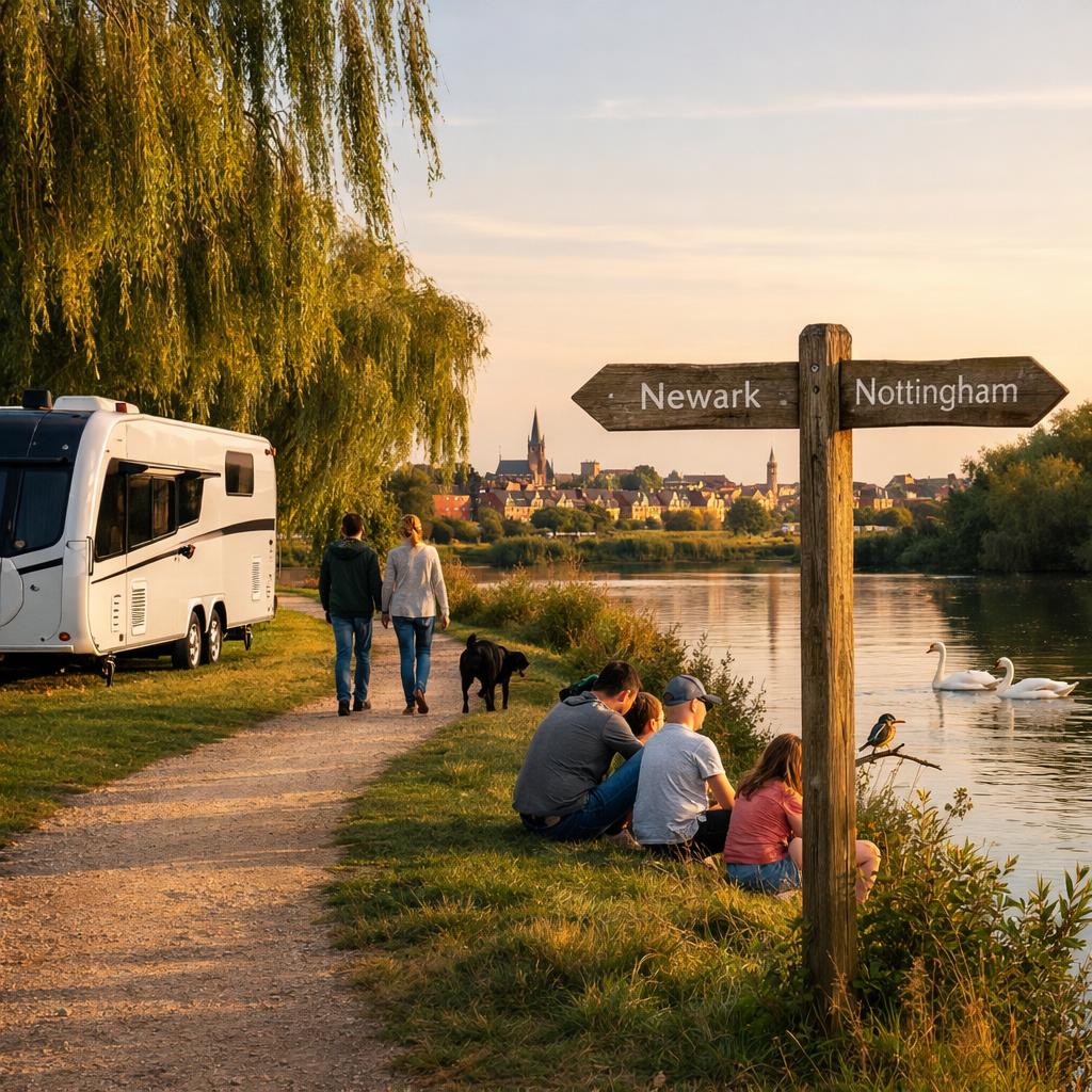 Caravan by River Trent with walkers and Newark skyline