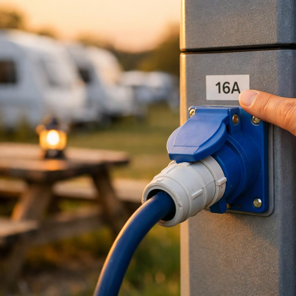 Blue 16A caravan hook-up socket at campsite