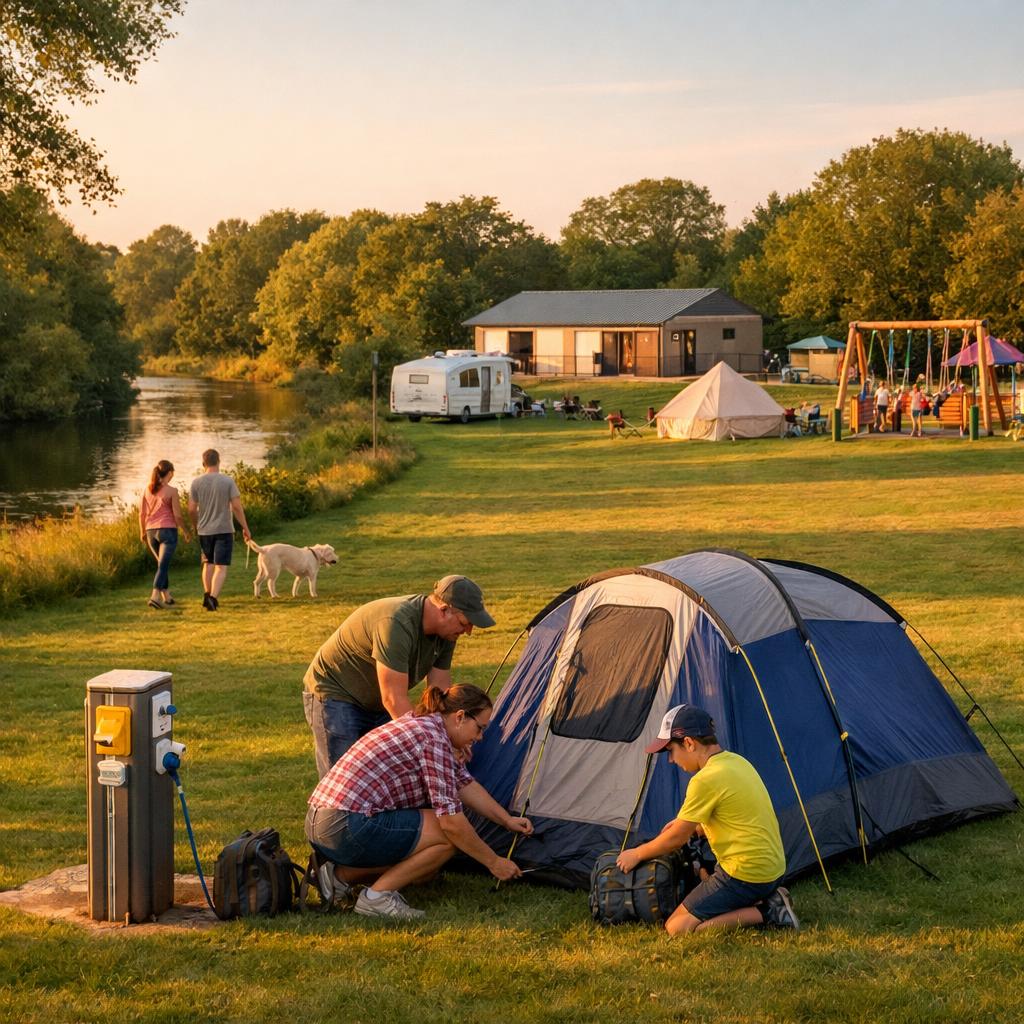 Flat grassy pitches by riverside with facilities