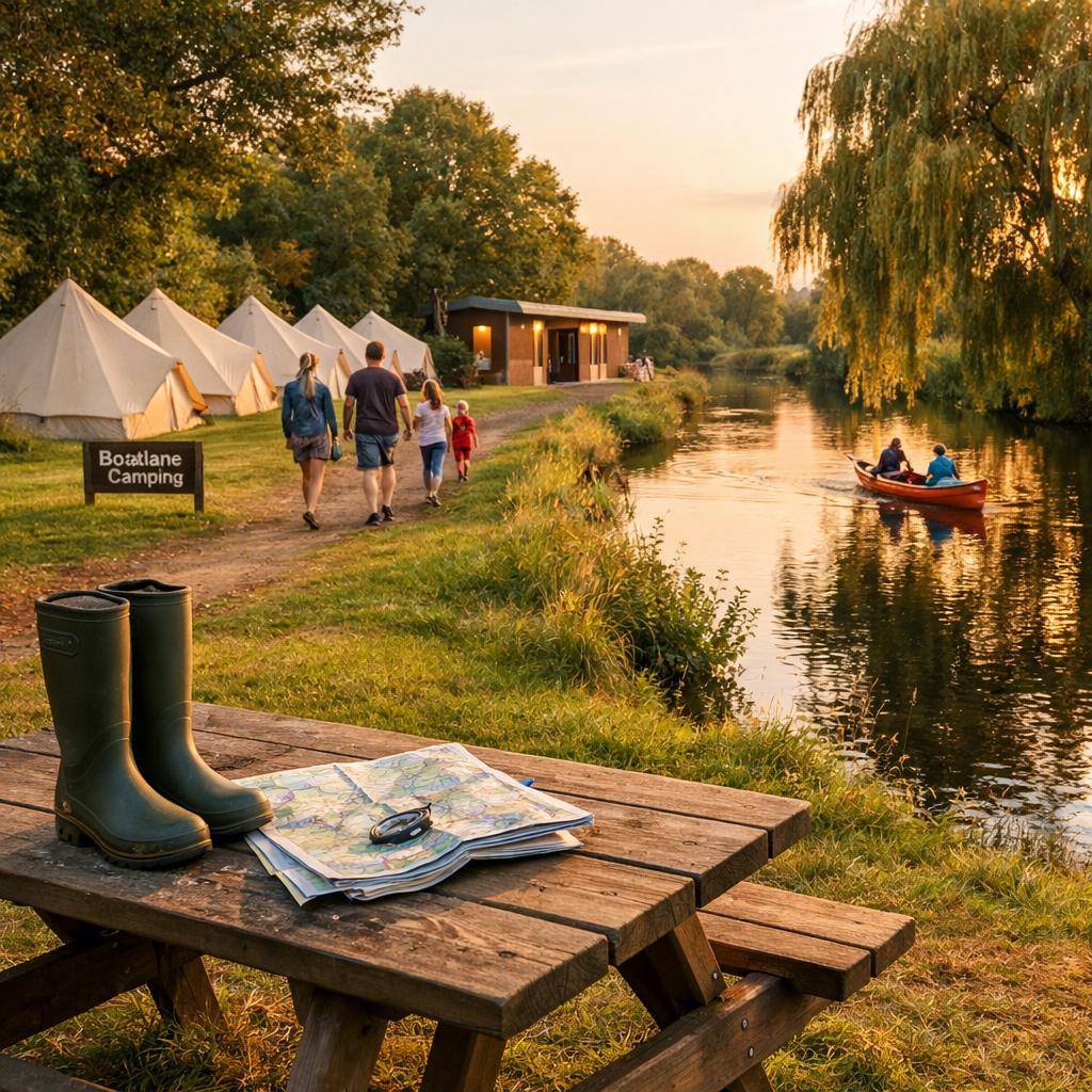 Riverside campsite Nottinghamshire at sunset with walkers