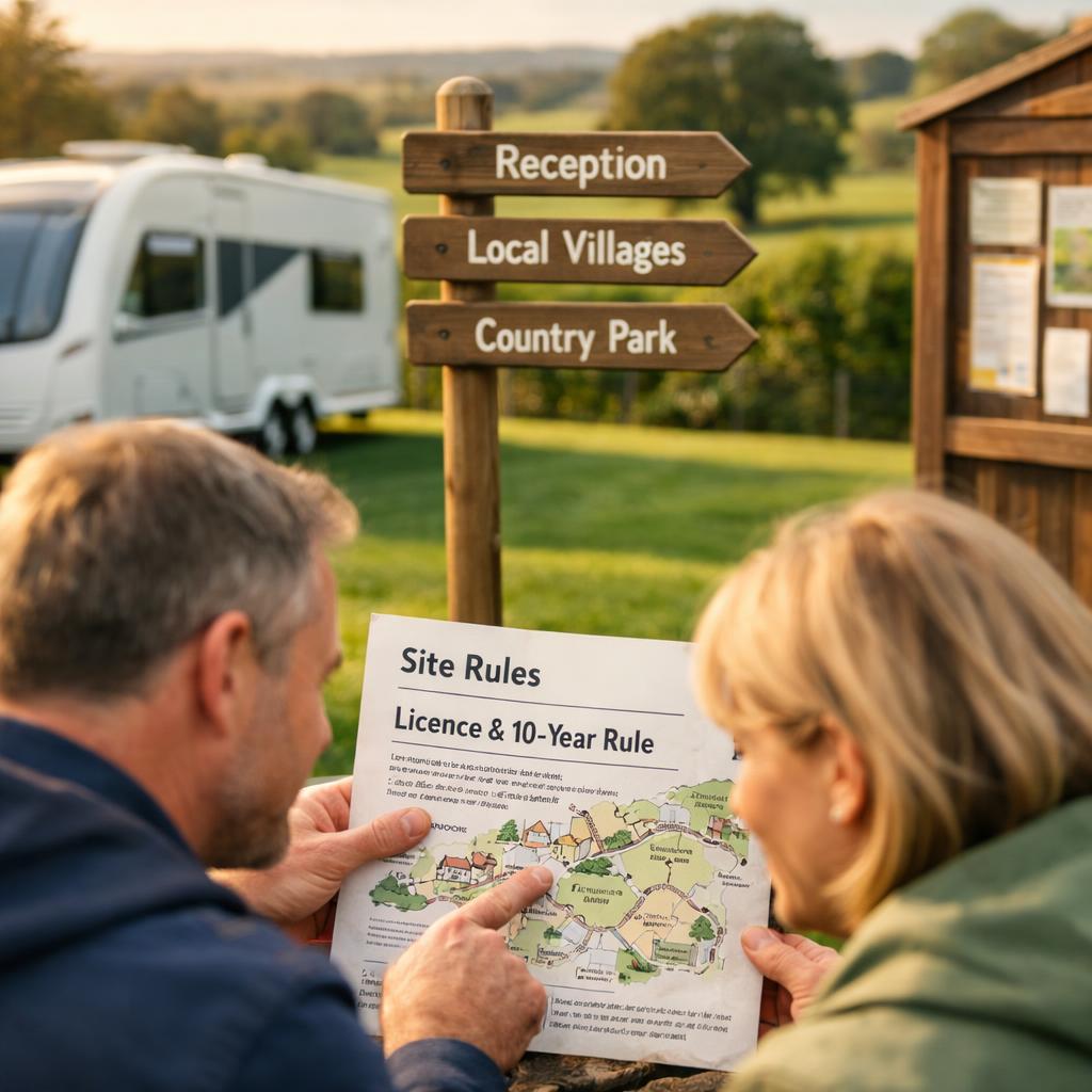 Touring caravan and information board at Nottinghamshire site