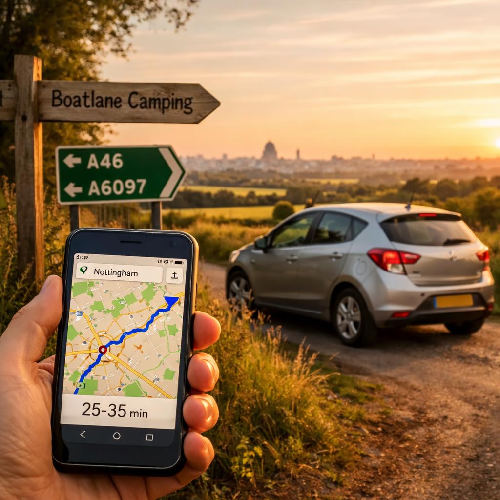Driver holding phone map showing 25–35 minute route