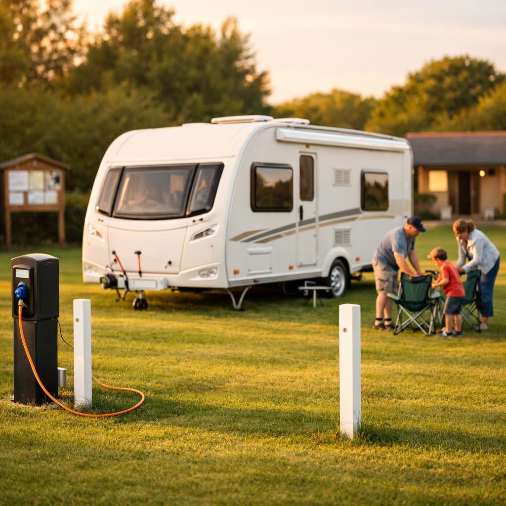 Caravan on marked grass seasonal pitch with hook-up