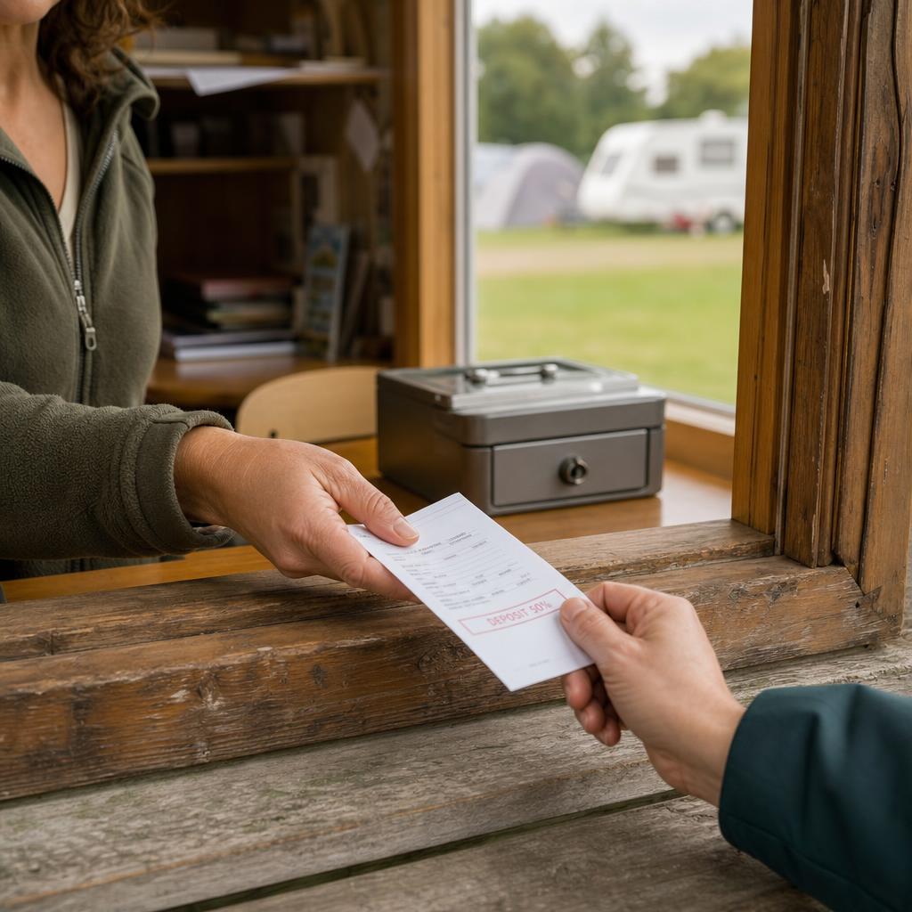 Hands exchanging booking receipt at campsite reception