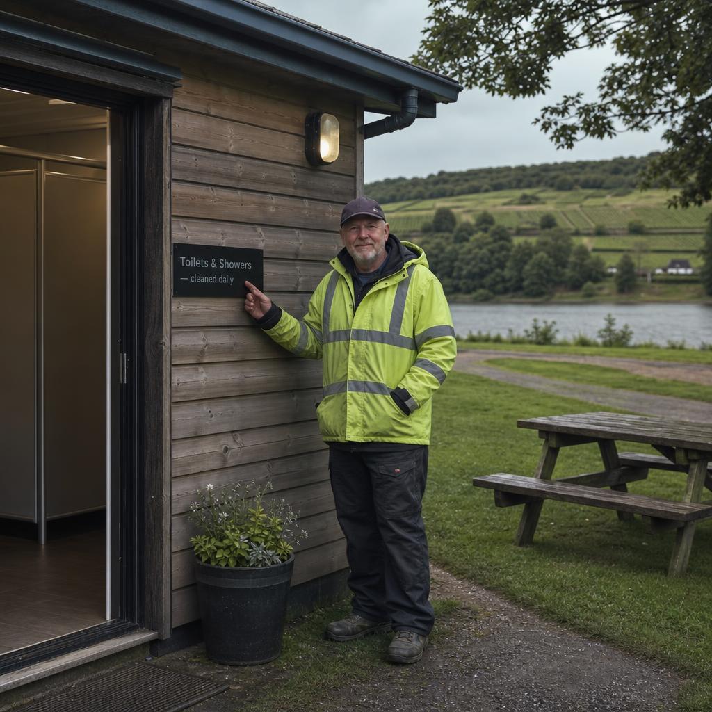 Toilet and shower block exterior with campsite staff