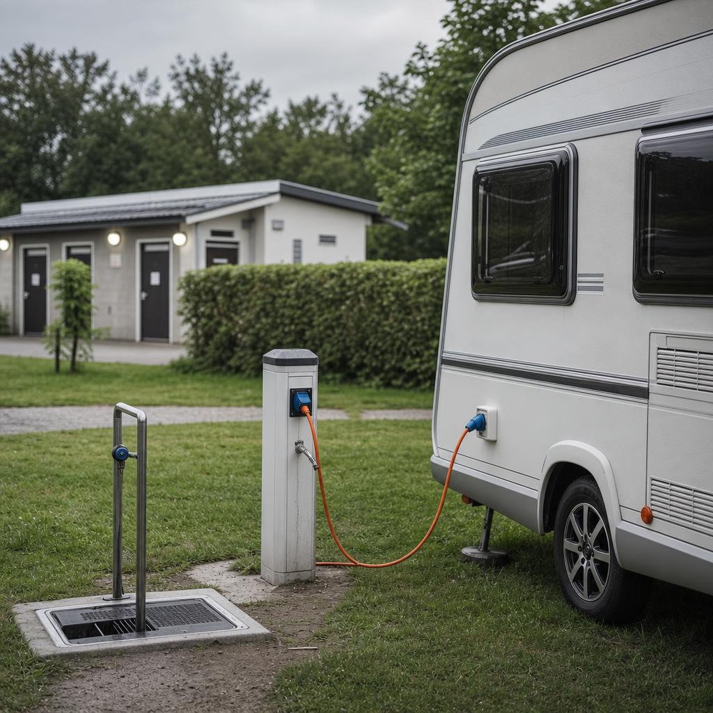 Caravan plugged into electric hook-up on pitch.
