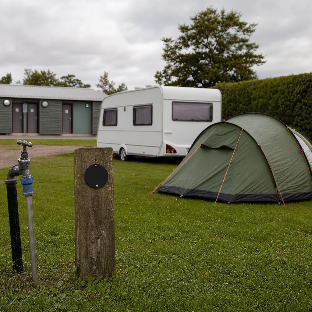 Tent and caravan on non-electric grass camping pitch