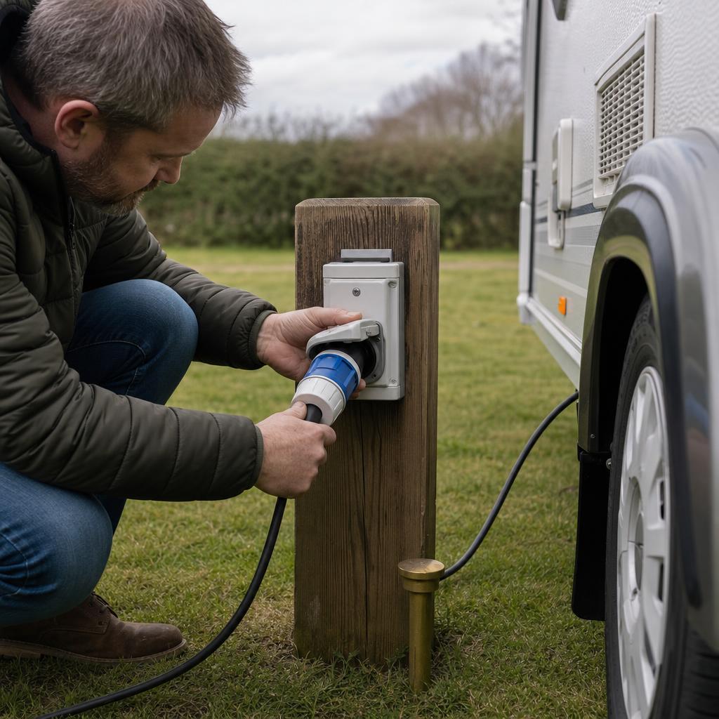 Camper plugging caravan into electric hookup outlet.