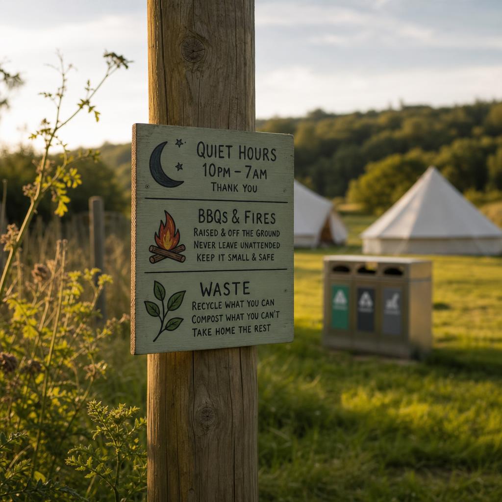 Wooden campsite rules sign by tents and recycling bins