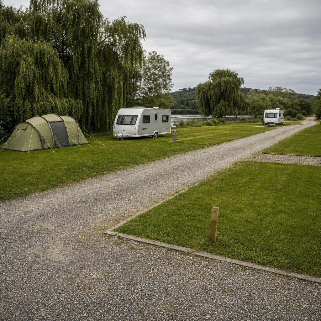 Tent, caravan, electric hook-up and reserved pitch by river
