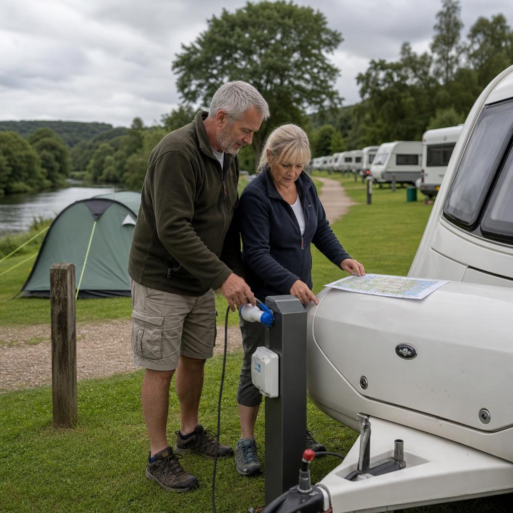 Couple inspecting electric and non-electric pitches