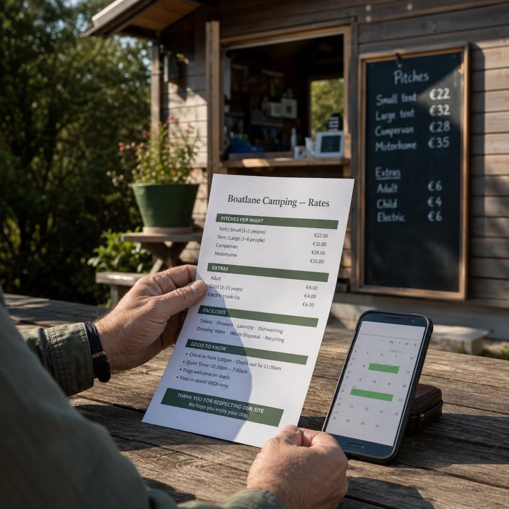 Hands holding Boatlane Camping rates leaflet